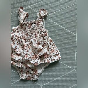 Baby girl boho onesie dress with Ruffled ditsy Floral pattern & smocking•Brown